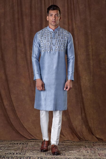 More Mischief_Blue Dupioni Silk Embroidery Zardozi Geometric Sequins Kurta Set_Online_at_Aza_Fashions