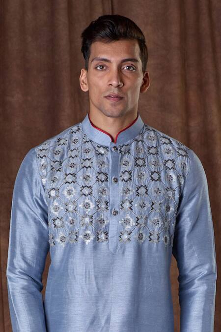 Buy_More Mischief_Blue Dupioni Silk Embroidery Zardozi Geometric Sequins Kurta Set_Online_at_Aza_Fashions