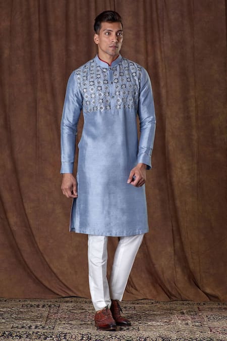 Shop_More Mischief_Blue Dupioni Silk Embroidery Zardozi Geometric Sequins Kurta Set_Online_at_Aza_Fashions