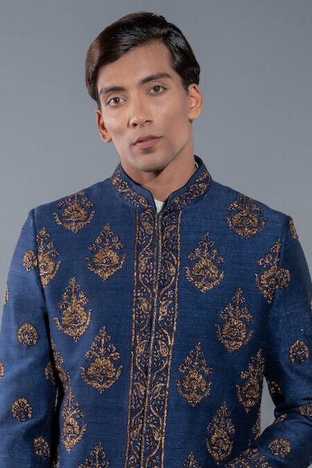 More Mischief Blue Silk Embroidery Floral Raw Sherwani Online at Aza Fashions More Mischief_Blue Silk Embroidery Floral Raw Sherwani_Online_at_Aza_Fashions