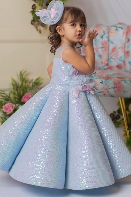 Lil Angels_Blue Net, Cotton Sequins, Feathers Embellished Structured Gown _Online_at_Aza_Fashions