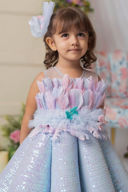 Buy_Lil Angels_Blue Net, Cotton Sequins, Feathers Embellished Structured Gown _Online_at_Aza_Fashions