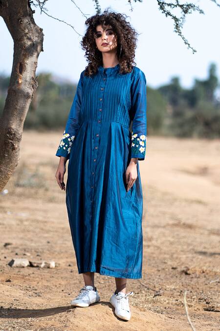 Buy_The Home Affair_Blue Chanderi Embroidery Bandeau Neck Pintucked Dress _Online_at_Aza_Fashions