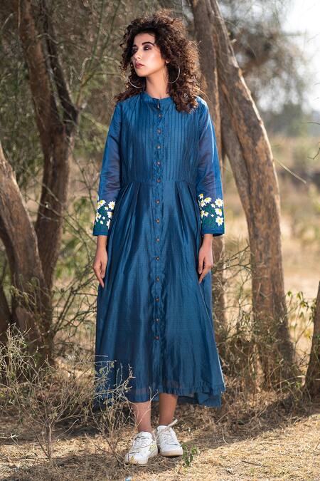 Shop_The Home Affair_Blue Chanderi Embroidery Bandeau Neck Pintucked Dress _Online_at_Aza_Fashions