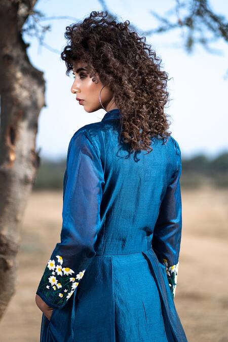 The Home Affair_Blue Chanderi Embroidery Bandeau Neck Pintucked Dress _at_Aza_Fashions