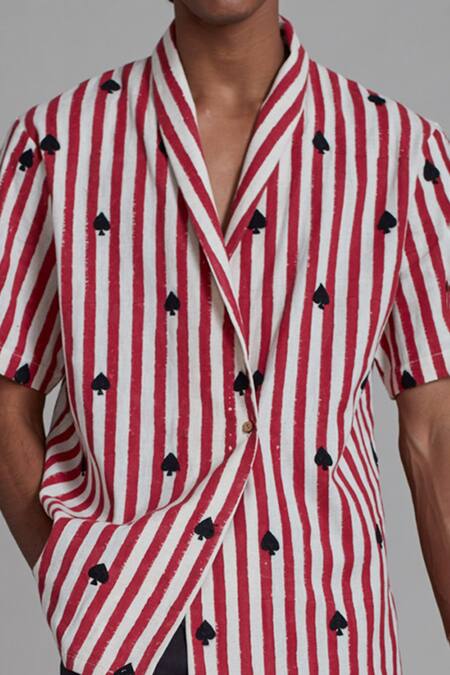 MATI_Off White 100% Cotton Striped Bluff Shawl Collar Jacket_Online_at_Aza_Fashions