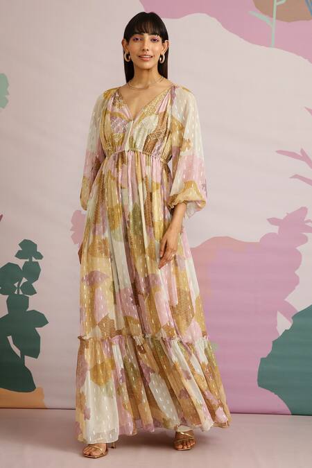 Pankaj & Nidhi_Yellow Chiffon Jacquard Geometric Plunge V Blume Hand Embellished Maxi Dress_Online_at_Aza_Fashions