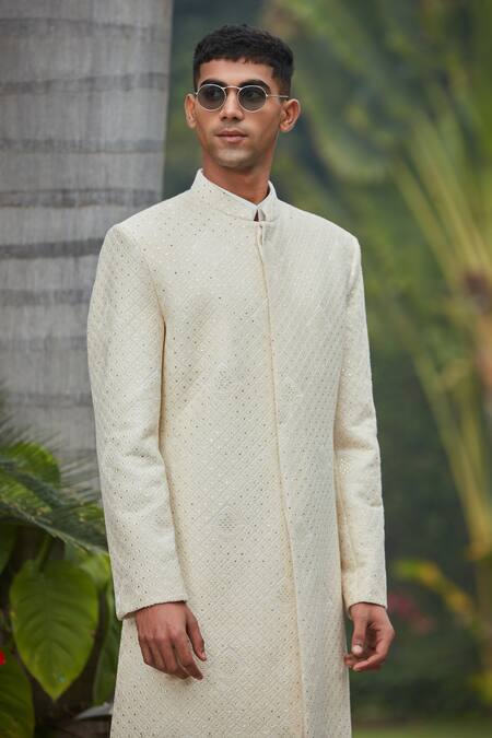 Bohame Cream Georgette, Cotton, Wool, Silk, Terrycloth Adyat Chikankari Achkan Set Online at Aza Fashions Bohame_Cream Georgette, Cotton, Wool, Silk, Terrycloth Adyat Chikankari Achkan Set_Online_at_Aza_Fashions