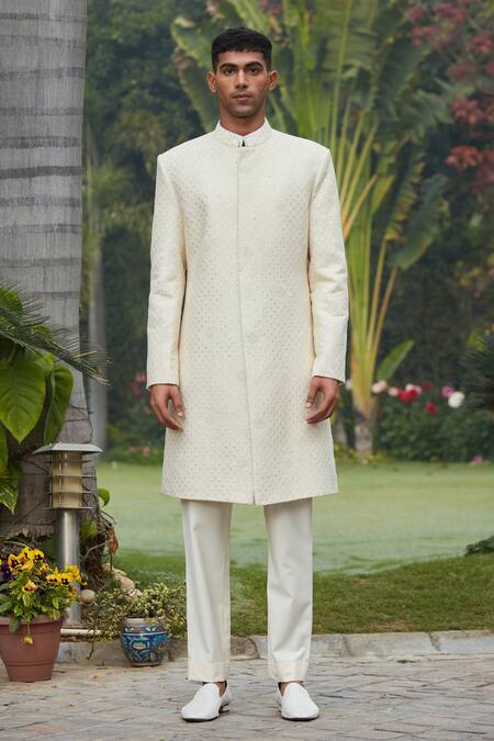 Buy Bohame Cream Georgette, Cotton, Wool, Silk, Terrycloth Adyat Chikankari Achkan Set Online at Aza Fashions Buy_Bohame_Cream Georgette, Cotton, Wool, Silk, Terrycloth Adyat Chikankari Achkan Set_Online_at_Aza_Fashions