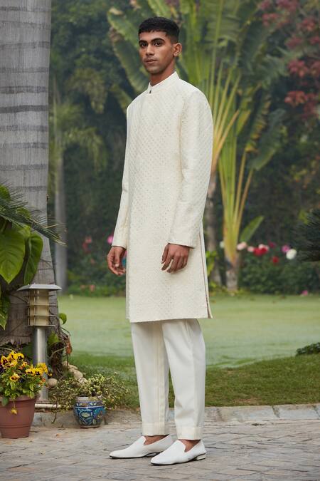 Shop Bohame Cream Georgette, Cotton, Wool, Silk, Terrycloth Adyat Chikankari Achkan Set Online at Aza Fashions Shop_Bohame_Cream Georgette, Cotton, Wool, Silk, Terrycloth Adyat Chikankari Achkan Set_Online_at_Aza_Fashions