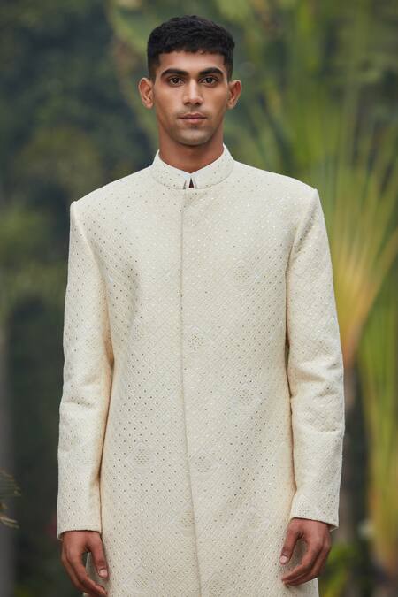 Bohame Cream Georgette, Cotton, Wool, Silk, Terrycloth Adyat Chikankari Achkan Set at Aza Fashions Bohame_Cream Georgette, Cotton, Wool, Silk, Terrycloth Adyat Chikankari Achkan Set_at_Aza_Fashions