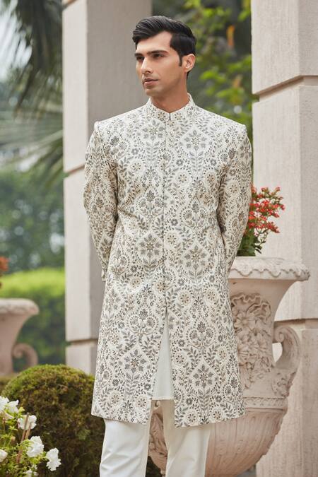 Buy Bohame Off White Georgette, Cotton, Silk Embroidery Laska Chikankari Achkan Set Online at Aza Fashions Buy_Bohame_Off White Georgette, Cotton, Silk Embroidery Laska Chikankari Achkan Set_Online_at_Aza_Fashions