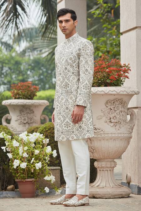 Shop Bohame Off White Georgette, Cotton, Silk Embroidery Laska Chikankari Achkan Set Online at Aza Fashions Shop_Bohame_Off White Georgette, Cotton, Silk Embroidery Laska Chikankari Achkan Set_Online_at_Aza_Fashions