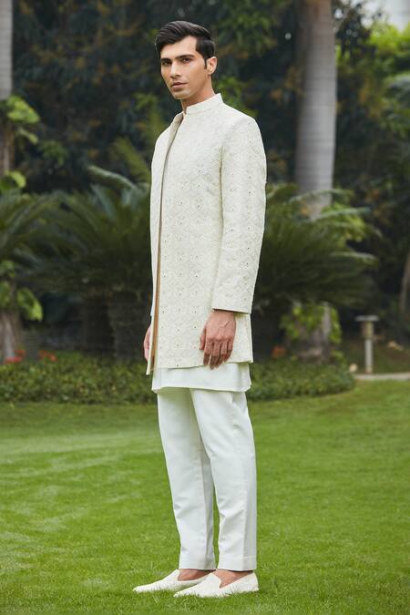 Buy Bohame Off White Georgette, Cotton, Silk, Itvara Chikankari Open Achkan Jacket Set Online at Aza Fashions Buy_Bohame_Off White Georgette, Cotton, Silk, Itvara Chikankari Open Achkan Jacket Set_Online_at_Aza_Fashions