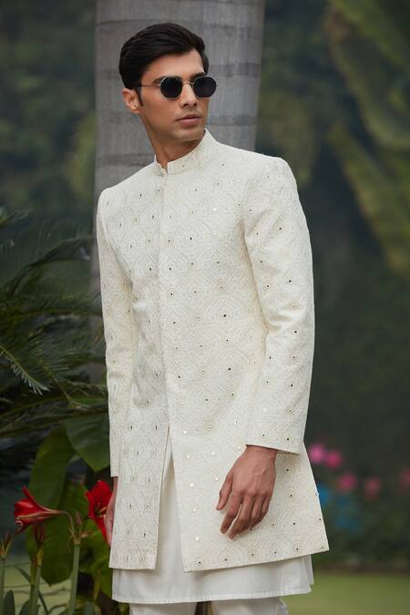 Bohame_Off White Georgette, Cotton, Ahim Chikankari Embroidered Achkan Jacket Set_Online_at_Aza_Fashions