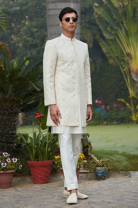 Buy_Bohame_Off White Georgette, Cotton, Ahim Chikankari Embroidered Achkan Jacket Set_Online_at_Aza_Fashions