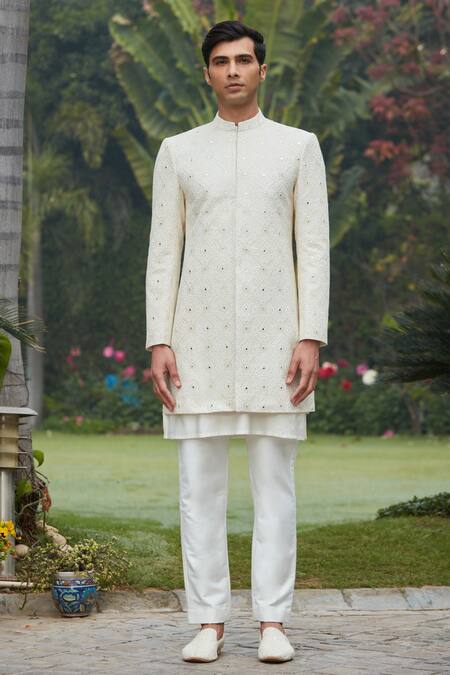 Shop_Bohame_Off White Georgette, Cotton, Ahim Chikankari Embroidered Achkan Jacket Set_Online_at_Aza_Fashions