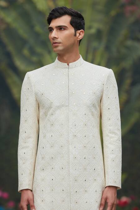 Bohame_Off White Georgette, Cotton, Ahim Chikankari Embroidered Achkan Jacket Set_at_Aza_Fashions