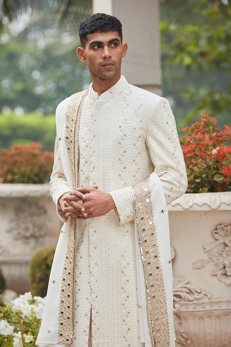 Bohame_Off White Georgette, Rudra Chikankari Embroidered Achkan Dhoti Pant Set_Online_at_Aza_Fashions