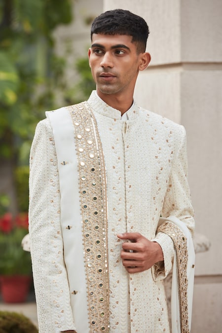 Buy_Bohame_Off White Georgette, Rudra Chikankari Embroidered Achkan Dhoti Pant Set_Online_at_Aza_Fashions