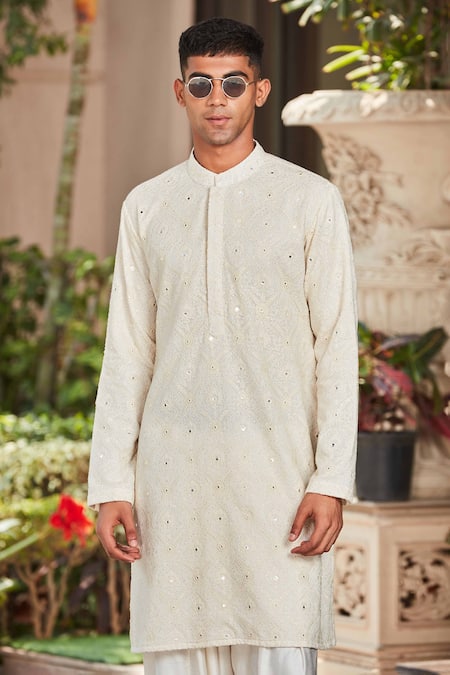 Bohame Off White Georgette, Rayon Vatsya Chikankari Embroidered Kurta With Salwar Online at Aza Fashions Bohame_Off White Georgette, Rayon Vatsya Chikankari Embroidered Kurta With Salwar_Online_at_Aza_Fashions
