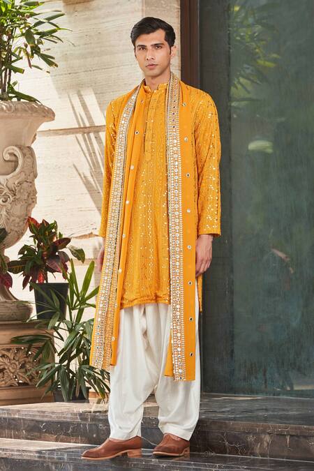 Bohame_Yellow Georgette, Cotton Dhruva Floral Bloom Chikankari Embroidered Kurta Set _Online_at_Aza_Fashions
