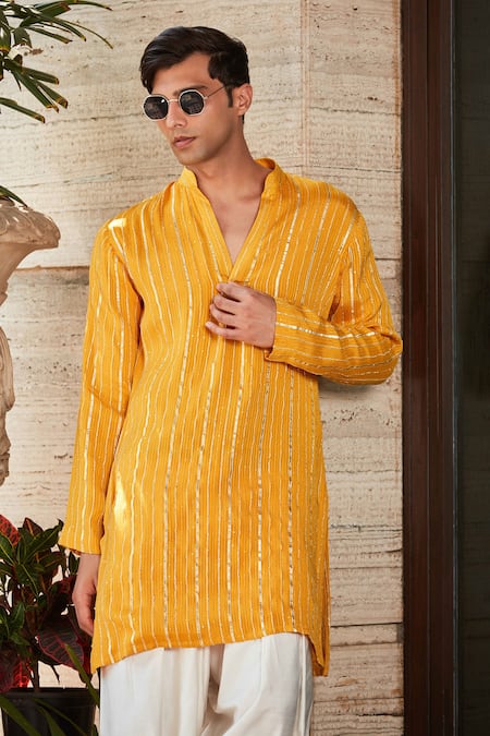 Bohame Yellow Georgette, Cotton, Nireka Chikankari Embroidered Short Kurta With Salwar Online at Aza Fashions Bohame_Yellow Georgette, Cotton, Nireka Chikankari Embroidered Short Kurta With Salwar_Online_at_Aza_Fashions