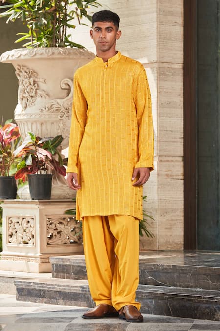 Bohame_Yellow Georgette, Rayon Embroidery, Sequins Yug Chikankari Kurta With Salwar_Online_at_Aza_Fashions