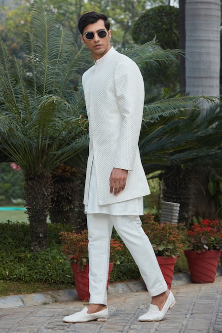 Buy_Bohame_Off White Georgette, Cotton, Raksa Chikankari Embroidered Achkan Jacket Set_Online_at_Aza_Fashions