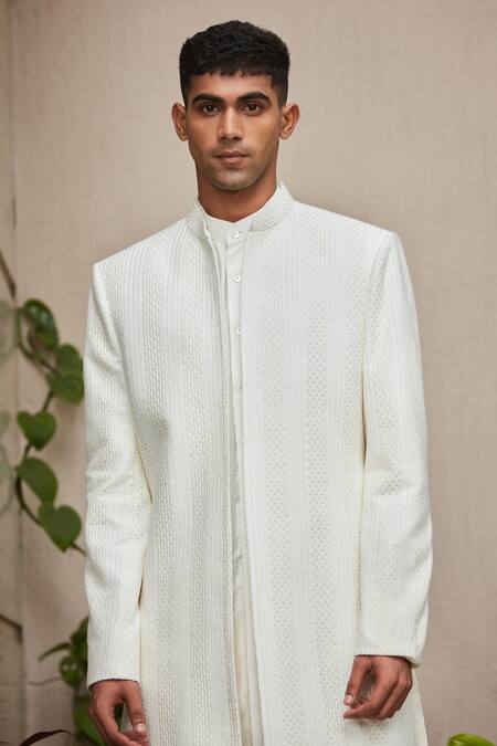 Bohame Off White Georgette, Cotton, Silk, Sahirah Chikankari Open Achkan Jacket Set Online at Aza Fashions Bohame_Off White Georgette, Cotton, Silk, Sahirah Chikankari Open Achkan Jacket Set_Online_at_Aza_Fashions