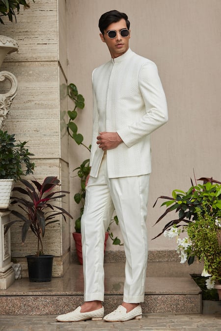 Shop_Bohame_Off White Georgette, Cotton, Silk Parvana Chikankari Bandhgala Jacket Set_Online_at_Aza_Fashions