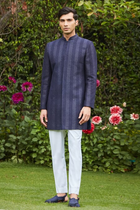 Bohame Blue Georgette, Terrycloth Embroidery Marya Chikankari Achkan Jacket Set Online at Aza Fashions Bohame_Blue Georgette, Terrycloth Embroidery Marya Chikankari Achkan Jacket Set_Online_at_Aza_Fashions