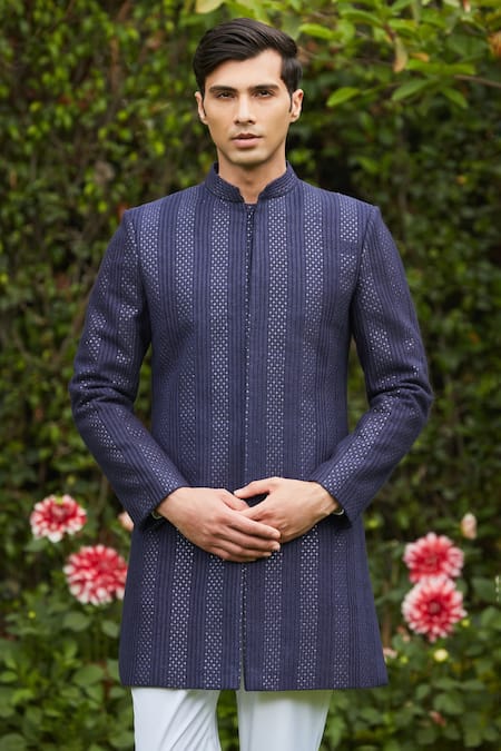 Buy Bohame Blue Georgette, Terrycloth Embroidery Marya Chikankari Achkan Jacket Set Online at Aza Fashions Buy_Bohame_Blue Georgette, Terrycloth Embroidery Marya Chikankari Achkan Jacket Set_Online_at_Aza_Fashions