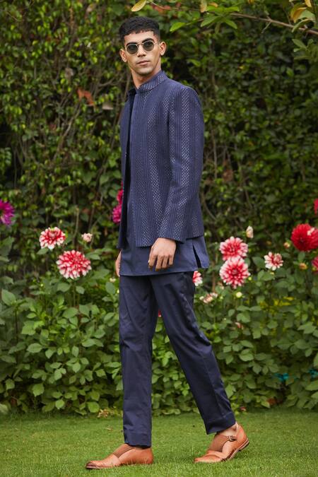 Bohame_Blue Georgette, Cotton Satin Nikhara Front Open Chikankari Achkan Jacket Set_Online_at_Aza_Fashions