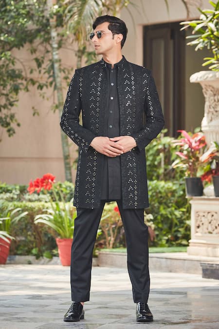 Buy Bohame Black Georgette, Terrycloth Niruha Floral Chikankari Achkan Jacket Set Online at Aza Fashions Buy_Bohame_Black Georgette, Terrycloth Niruha Floral Chikankari Achkan Jacket Set_Online_at_Aza_Fashions