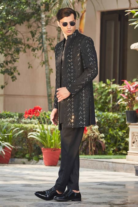 Shop Bohame Black Georgette, Terrycloth Niruha Floral Chikankari Achkan Jacket Set Online at Aza Fashions Shop_Bohame_Black Georgette, Terrycloth Niruha Floral Chikankari Achkan Jacket Set_Online_at_Aza_Fashions