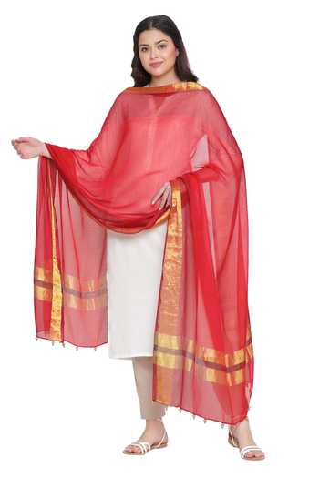 Shingora_Red Metallic Jacquard Tasselled Dupatta_Online_at_Aza_Fashions