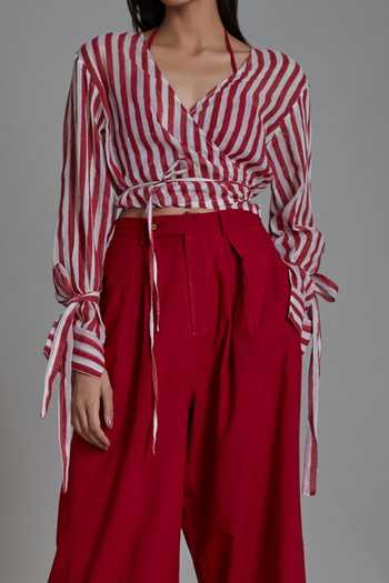 MATI_Off White 100% Cotton Striped V Neck Bridge Wrap Around Shirt And Pant Set_Online_at_Aza_Fashions