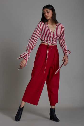 Shop_MATI_Off White 100% Cotton Striped V Neck Bridge Wrap Around Shirt And Pant Set_Online_at_Aza_Fashions