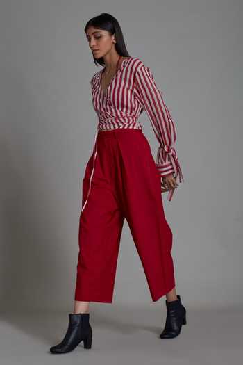 MATI_Off White 100% Cotton Striped V Neck Bridge Wrap Around Shirt And Pant Set_at_Aza_Fashions