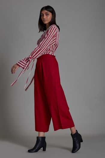 Buy_MATI_Off White 100% Cotton Striped V Neck Bridge Wrap Around Shirt And Pant Set_Online_at_Aza_Fashions