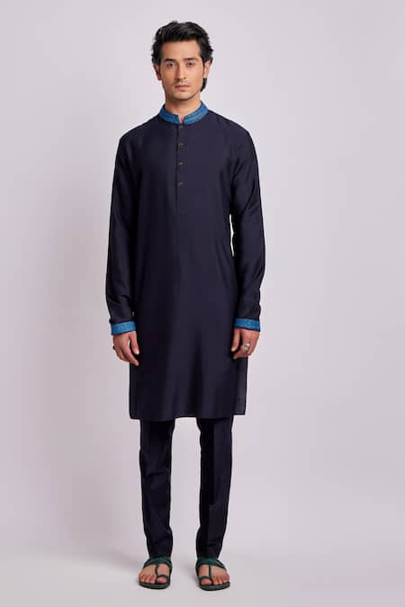 Buy Bubber Couture Blue Cotton, Silk Embroidery Brody Collar Kurta With Pant Online at Aza Fashions Buy_Bubber Couture_Blue Cotton, Silk Embroidery Brody Collar Kurta With Pant _Online_at_Aza_Fashions