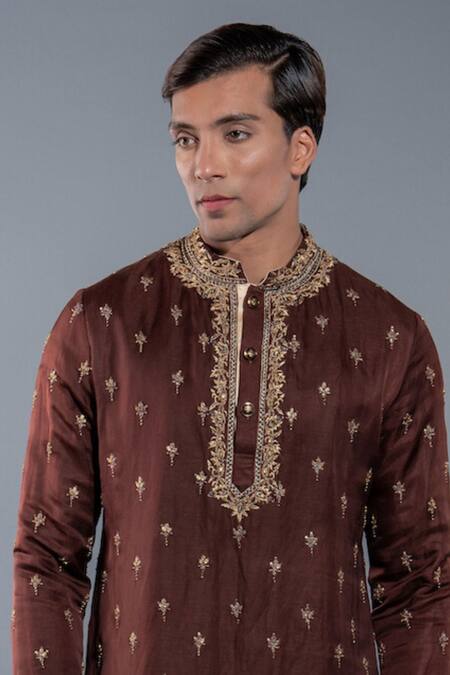 More Mischief_Brown Silk Linen Embroidery Floral Kurta Set_Online_at_Aza_Fashions