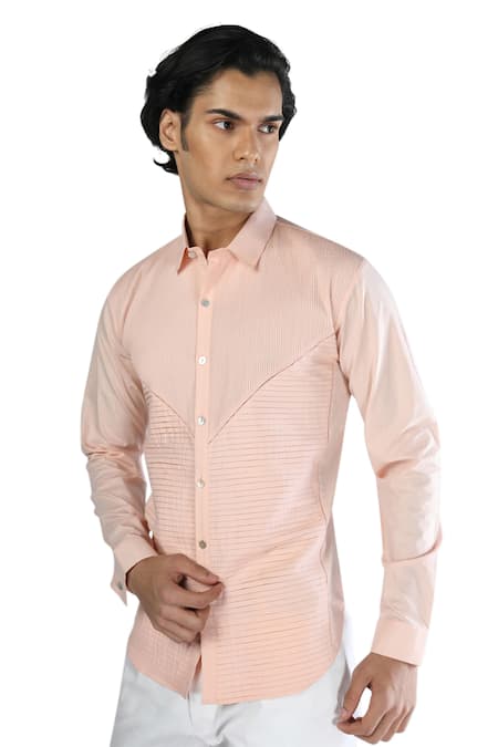 Rohit Gandhi + Rahul Khanna Peach Cotton Embroidery Handcrafted Pintucked Shirt Online at Aza Fashions Rohit Gandhi + Rahul Khanna_Peach Cotton Embroidery Handcrafted Pintucked Shirt _Online_at_Aza_Fashions