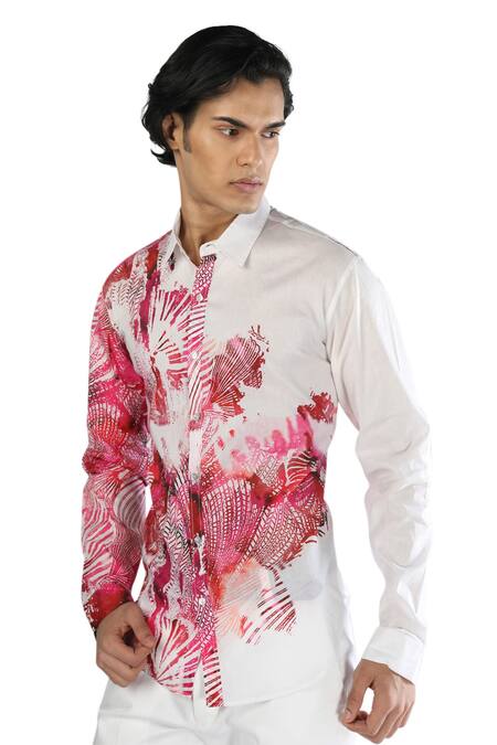 Rohit Gandhi + Rahul Khanna_White Cotton Tropical Print Shirt _Online_at_Aza_Fashions