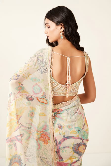 Buy_Basanti - Kapde Aur Koffee_Multi Color Georgette Cut Work, Botanical Floral Print Saree With Blouse_Online_at_Aza_Fashions