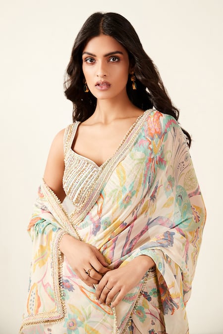 Shop_Basanti - Kapde Aur Koffee_Multi Color Georgette Cut Work, Botanical Floral Print Saree With Blouse_Online_at_Aza_Fashions