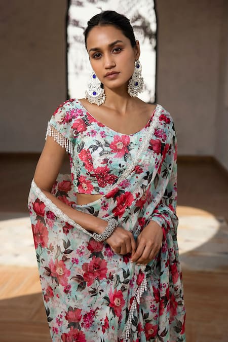 Basanti - Kapde Aur Koffee_Multi Color Viscose, Organza Pearls, Sequins, Flower Print Saree With Blouse_Online_at_Aza_Fashions