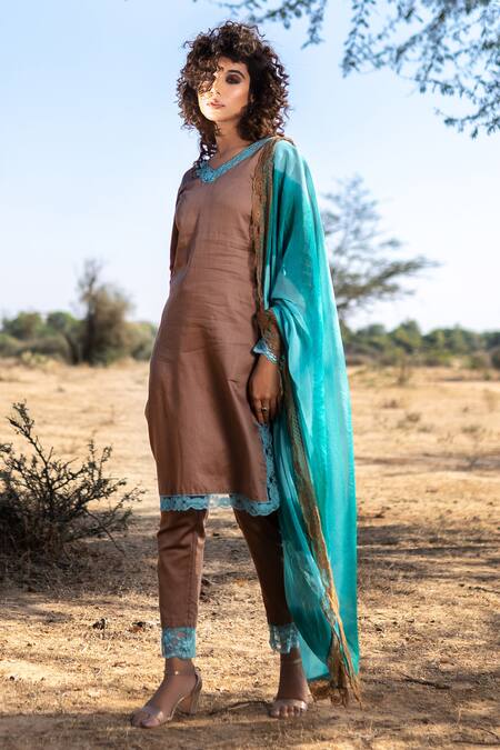 The Home Affair_Brown Cotton, Silk Lace, Tassels V-neck Embellished Kurta Set _Online_at_Aza_Fashions