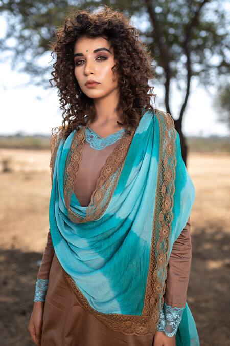 Shop The Home Affair Brown Cotton, Silk Lace, Tassels V-neck Embellished Kurta Set Online at Aza Fashions Shop_The Home Affair_Brown Cotton, Silk Lace, Tassels V-neck Embellished Kurta Set _Online_at_Aza_Fashions